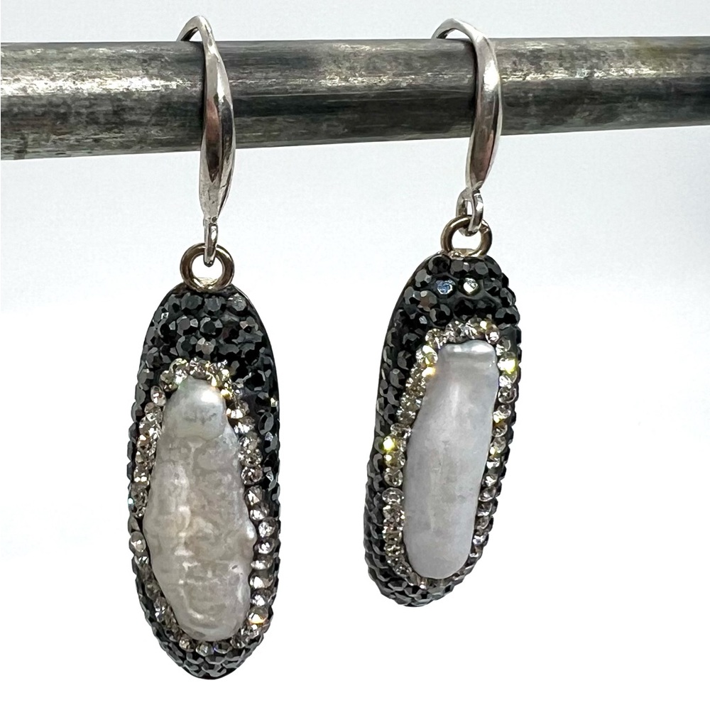 Vintage Sterling 925 Turkey Baroque Pearl Rhinestone Earrings